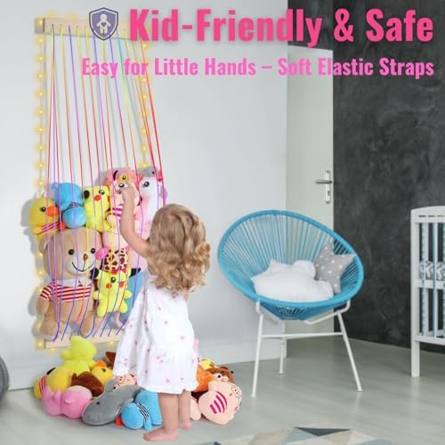 Stuffed Animal Storage Wood Soft Toy Storage for Kids Room，Wall Mount Door Hanging Stuffed Animal Toy Organizer Shelf for Nursery Play Room White with LED Coil -Patent - Image 4