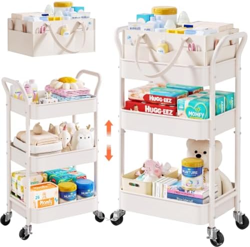 White 3 Tier Rolling Diaper Caddy Cart with Wheels,3in1 Detachable Dividers by Aofure