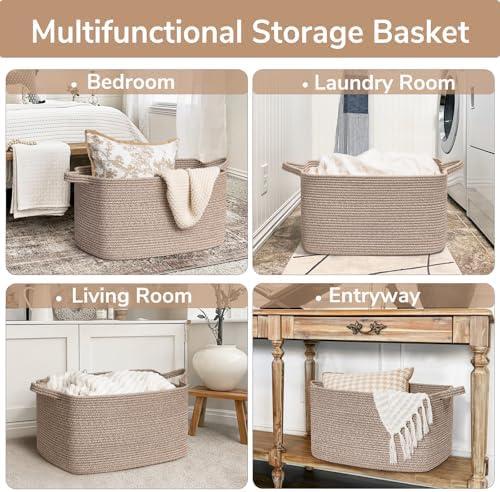 Goodpick Large Woven Rope Blanket Basket, Rectangle, Brown, 75L - Image 4