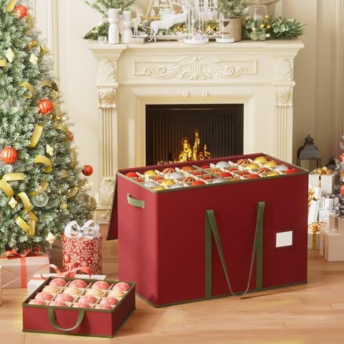 160-3” Large Christmas Ornament Storage Box, Dual Zippers, Stackable Christmas Storage Container with Lid, 6 Trays, 600D Oxford, 160-3”, Red - Image 2