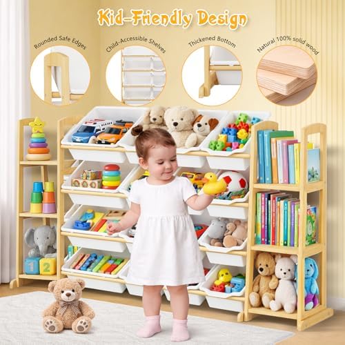 Kids Toy Storage Organizer with Bookshelf – Wooden Shelf with 16 Bins & 6 Shelves, Quick Assembly Storage Rack for Playroom, Bedroom, Nursery - White - Image 3
