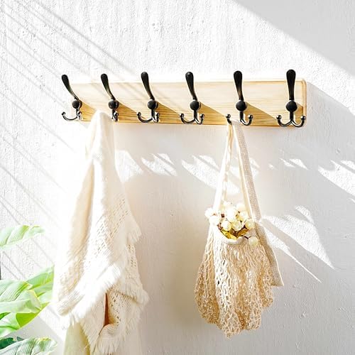 Dseap Coat Rack Wall Mounted - 24" Long 6 Tri Hooks, Heavy Duty Wooden Wall Coat Hanger Coat Hook for Clothes Hat Jacket Clothing, Weathered Light Natural and Black, Pack of 2 - Image 7