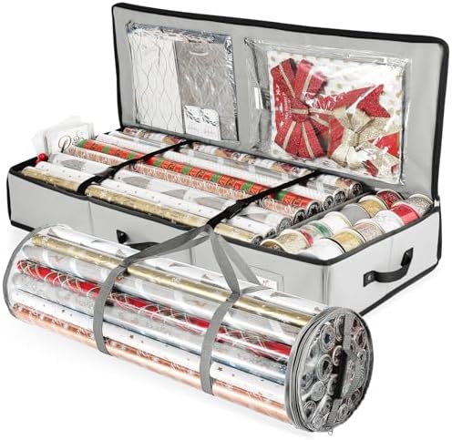 Hearth & Harbor Wrapping Paper Storage Container and Clear Wrap Paper Holder - Christmas Storage Bag with Interior Pockets - Fits Up to 36 Rolls of 40" - Tear Proof, Silver by HearthHarbor
