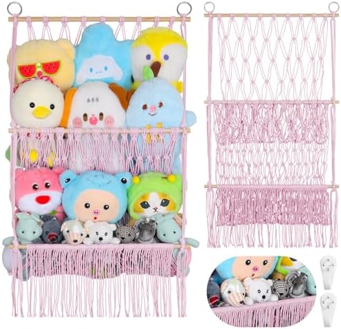 2 Tier Stuffed Animal Storage Net, Large Boho Plushies Stuffy Storage,Pink by iHansee