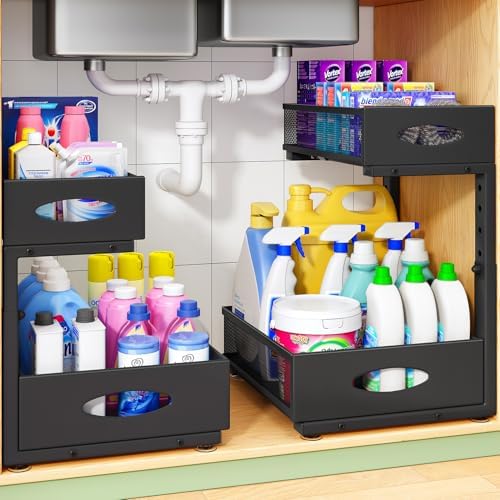 Under Sink Organizer, 1-Pack Pull Out Cabinet Organizer 2 Tier Metal Slide Out Storage Shelf Rack, L-Shaped Adjustable Height,Mesh Sliding Drawer for Kitchen, Bathroom, Laundry, Pantry, Black, XL by Kitstorack