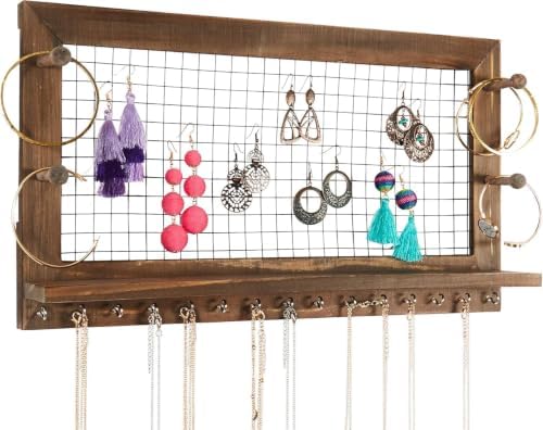 Rustic Jewelry Organizer Wall Mount with Bracelet Pegs-Necklace Holder Earring Hanger-Hanging Mounted Wooden Shelf to Display Earrings Necklaces and Accessories by SoCalButtercup