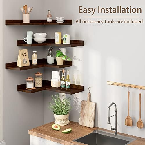 4 Tier Floating Corner Shelves Set of 4, Rustic Pine Wooden Floating Corner Wall Shelf for Wall Décor Storage, L Shaped Corner Shelf Wall Mount For Bedroom, Living Room, Bathroom, Kitchen, Red Brown. - Image 4
