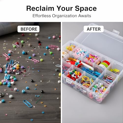 Umirokin 2 Pack 15 Grids Clear Plastic Organizer Box with Adjustable Dividers, Craft Storage Containers for Jewelry, Beads, Screws, Tackle Box, Washi Tapes, Small Parts Organizer for Arts and Crafts - Image 3