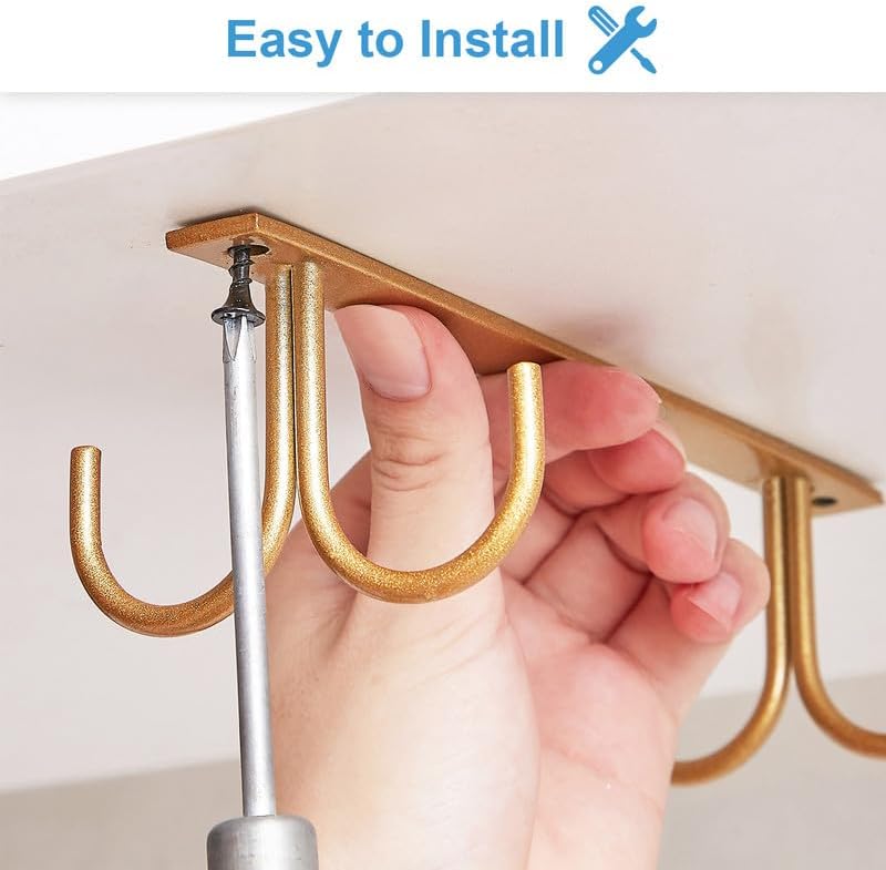 FOMANSH Mug Rack Under Cabinet - Coffee Cup Holder, 8 Mugs Hooks Under Shelf, Display Hanging Cups Drying Hook for Bar Kitchen Utensils Gold - Image 4