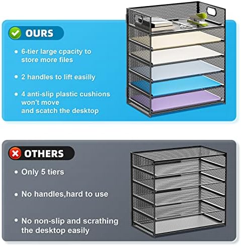 Marbrasse 6 Tier Paper Organizer Letter Tray - Mesh Desk File Organizer with Handle, Paper Sorter Organizer for Letter/A4 Office File Folder Holder - Black - Image 2