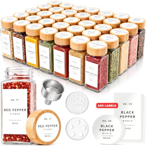 EDELHAUS Glass Spice Jars with Label, 36x Bamboo Wooden Lids - White Labels by EDELHAUS
