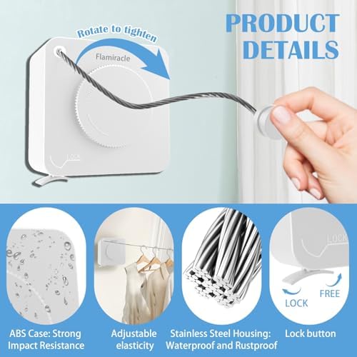 Retractable Clothesline Indoor, Non-Sagging Outdoor Clothes Line Retracting 16.7 Feet Heavy Duty Laundry Line Retractable Wall Mounted Clothes Line Outdoors (White, Square) - Image 4