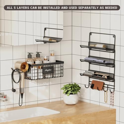 Magheo Hair Dryer Holder Wall Mounted, Adheisve Hair Tool Organizer for hair Brush/Appliance Wall Mount with 4 Tier Shelf Basket Hooks Blow Dryer and Straightener Holder for Bathroom(Black) - Image 4
