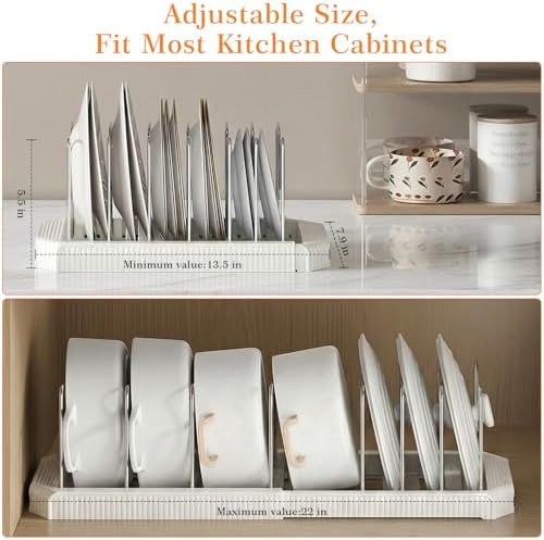 2 Pack Expandable Pots and Pans Organizer Under Cabinet, 13-22" Kitchen Cabinet Organizer with 10 Adjustable Dividers and 10Pcs Pot Protectors for Lids, Baking Sheets & Cookware (2, White) - Image 4