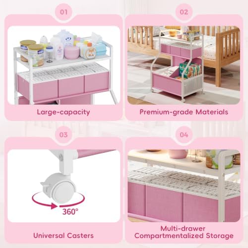 Rolling Diaper Cart with Drawers,Baby Essentials Storage Organizer Station - Image 5