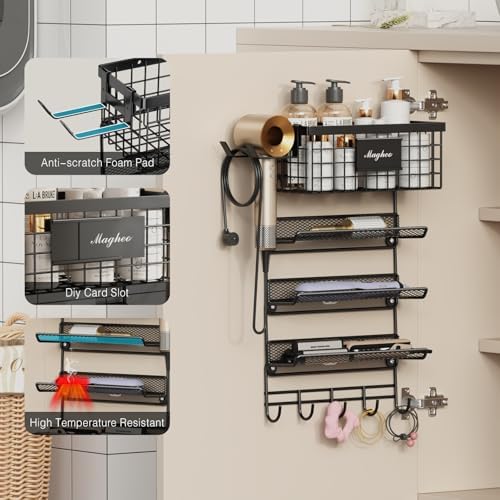 Magheo Hair Dryer Holder Wall Mounted, Adheisve Hair Tool Organizer for hair Brush/Appliance Wall Mount with 4 Tier Shelf Basket Hooks Blow Dryer and Straightener Holder for Bathroom(Black) - Image 2