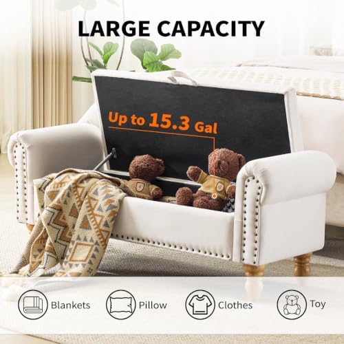 55" End of Bed Bench, Upholstered Bench with Storage, Queen, Beige - Image 4