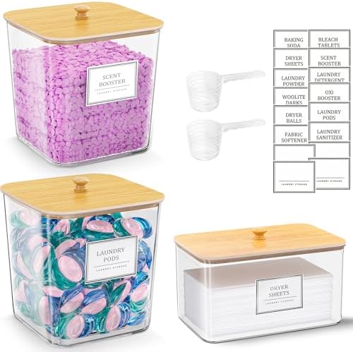HomePekite Laundry Pods Storage Container, Clear Acrylic Laundry Room Organization and Storage ,Detergent Powder Container,with Wooden Lids & Labels, 2+1 Pack by Unknown
