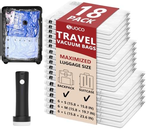 Travel Vacuum Bags for Clothing with Cordless Pump 18 Combo, Clear by SUOCO