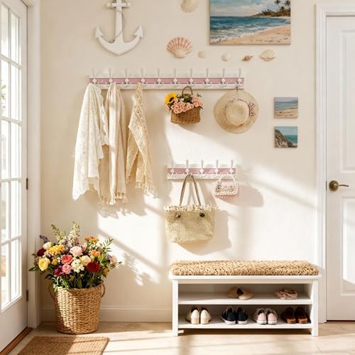 SKOLOO Coastal Wall Mounted Coat Rack - 16-7/8" Beach House Entryway Wooden Coat Hook with 5 Hooks for Hanging Coats, Hats or Towels, Oceanfront Cottage Core Collection, White & Palm Beach Pink - Image 2