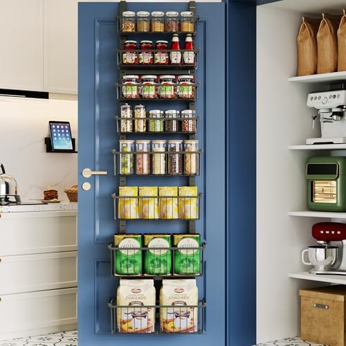 Over The Door Pantry Organizer, 8-Tier Over The Door Organizer with Adjustable Baskets, Metal Hanging Spice Rack for Pantry Organizers and Storage, Suitable for Kitchen Laundry Room & Bathroom, Black by MSERCUOR