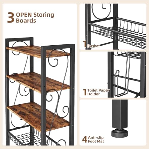 Over-The-Toilet Storage Rack 4-Tier,Bathroom Organizer Shelf Over Toilet,Adjustable Wooden Shelves and Basket,Freestanding Above Toilet Shelf,Space Saver for Rooms(Black Rack-Rustic Brown Shelves) - Image 3