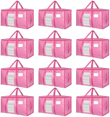 12 Pack Extra Large Moving Bags Heavy Duty 180GSM,130LBS 100L Totes with Visible Window, Zippers & Wrap-Around Handles, Waterproof Reusable, Alt to Moving Boxes, Pink by Unknown