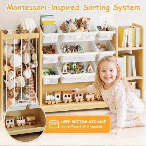 3-in-1 Montessori Toy Organizer with Bookshelf, 9 Clear Bin & Plush Storage - Image 4
