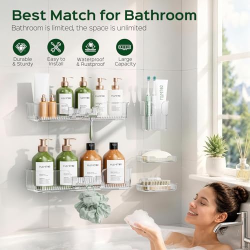 HAMITOR 5 Pack Adhesive Shower Caddy, Clear Transparent Shower Organizer - Image 3