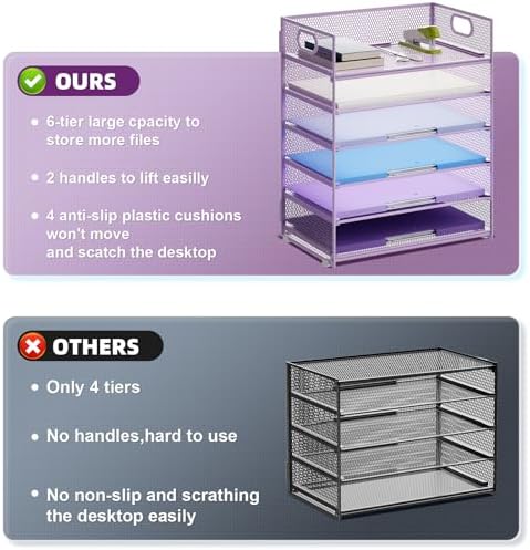 Marbrasse 2 Pack Desk Organizer with Handle, 6 Tier Paper Letter Tray, Mesh Desk File Organizer for Office, School and Home - Purple - Image 3