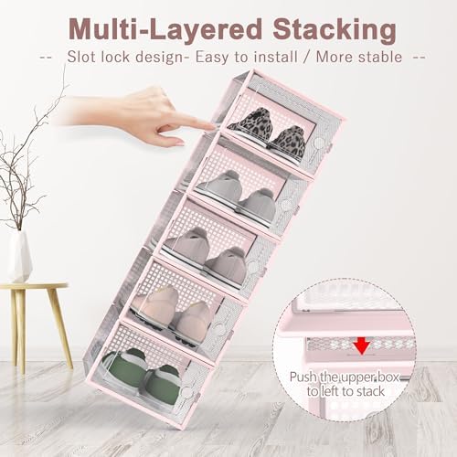 Kuject Shoe Organizers Storage Boxes for Closet, 12 Pack Clear Plastic Stackable Storage Bins with Lids, Under Bed Shoe Containers for Entryway, Drop Front, Fit up to Women's Size 10,Pink - Image 2