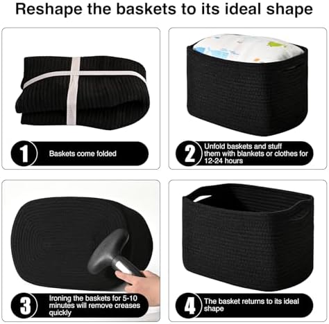 ICERZCZ Black Storage Baskets for Organizing Shelves, Toy Basket for Nursery, Woven Cotton Rope Basket for Decor, Towel Baskets for Bathroom, 15"x11"x9.5", 3 Packs, Black - Image 7