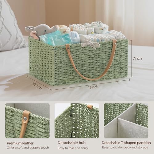 HBlife Large Baby Diaper Caddy Organizer Green, Paper Rope Storage Baskets Nursery Bin with Removable Divider, Portable Car Organizer for Diapers, Baby Shower Gifts, Newborn Essentials Must Haves - Image 2