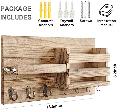 Lwenki Mail Organizer for Wall Mount – Key Holder with Shelf Includes Letter Holder and Hooks for Coats, Dog Leashes – Rustic Wood with Flush Mounting Hardware (16.5” x 8.7” x 3.5”) (Wood) - Image 7