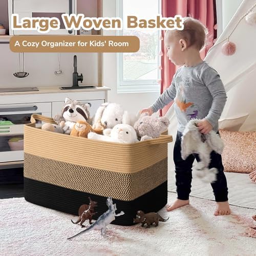 Goodpick 85L Large Woven Blanket Basket, Rectangle, Black Jute - Image 2