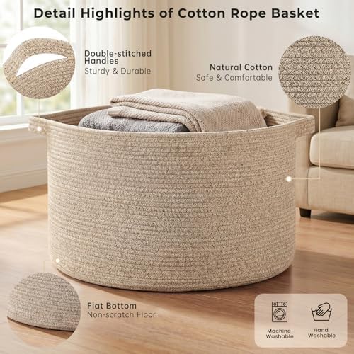 OIAHOMY 90L Extra Large Blanket Basket - Decorative Cotton Rope Storage Basket for Bedroom, Living Room & Nursery - Woven Laundry Hamper for Organizing Blankets, Clothes & Toys - Brown - Image 4