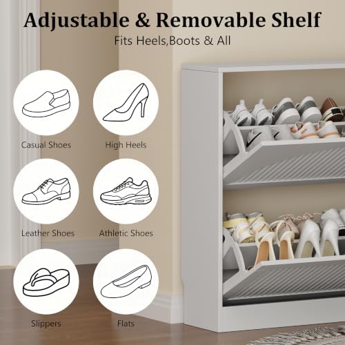 Fluted Shoe Storage Cabinet for Entryway, 2 Flip Drawers, White - Image 7