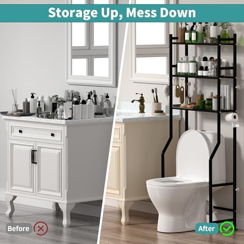 3-Tier Over The Toilet Storage Organizer, Space-Saving Bathroom Rack with Paper Holder & 4 Hooks, 64" Tall Freestanding Carbon Steel Shelf for Small Apartment Laundry Room (Black) - Image 6