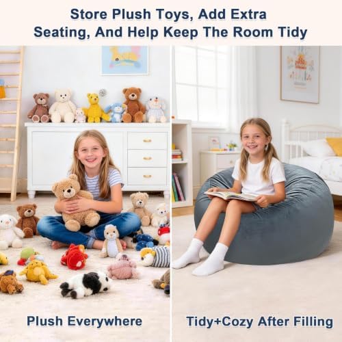 Lukeight Stuffed Animal Storage Bean Bag Chair Cover for Adults, Velvet Plush Toy Organizer Seat, Cover Only, No Filling Included, Long YKK Zipper, Side Pocket, XXX-Large 42"D x 23"H - Image 3