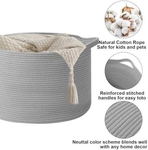 65L Large Blanket Basket,Woven Rope Laundry Basket-Light Gry - Image 3