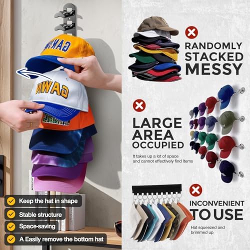 Hat Hook for Wall, 2 Pack Hat Organizer Hold up to 20 Hats,Hat Holder with Strong Adhesive and 8 Pack Screws, Cap Holder Hat Hangers for Wall Closet Door and Bedroom(B-Black) - Image 5
