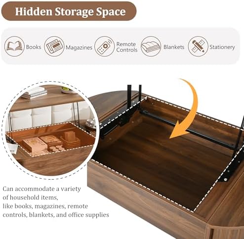 Merax 47.2'' Lift Top Oval Coffee Table with Hidden Storage Compartment, Modern Wooden Center Table with Oval Lift Tabletop for Home Living Room, Brown - Image 5