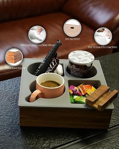 Couch Cup Holder Tray, Handy Soft Silicone Acacia Wooden Couch Caddy for Bed Car Seat Beach Organizer, Waterproof Anti-spill Sofa Cup Holder for Snacks Beverage Remote (Yellow) - Image 4
