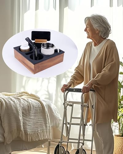 Couch Cup Holder Tray, Soft Food Grade Silicone Acacia Wooden Couch Caddy for Bed Car Seat Beach Organizer, Waterproof Anti-Spill Couch Drink Holder for Snacks Beverage Remote (Black) - Image 2