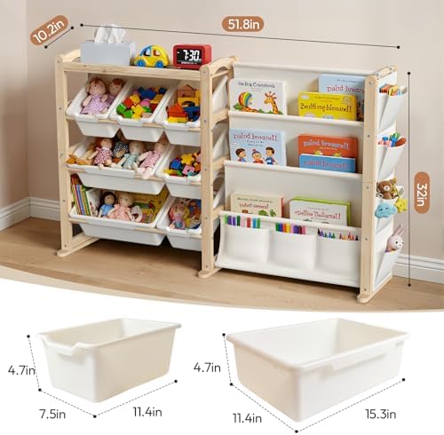 Fodoss Book Shelf for Kids Rooms - Toy Storage Organizer with Bookshelf, Solid Wood Kids Bookshelf with 7 Bins, Side Storage Pockets, Large Toy Organization for Nursery, Natural Pine - Image 2