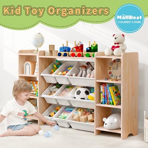 MallBest 57" Extra Wide Toy Storage Organizer and Kids Bookshelf, Solid Pine Wood Frame Playroom Organizer with 9 Bins, 4-Tier Toy Organizer for Kids Room, Nursery and Bedroom, Natural - Image 4