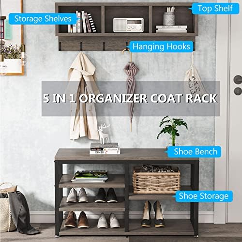 Tribesigns Coat Rack Shoe Bench Set Industrial, Hall Tree with 3 Storage Cubbies, 7 Hooks for Entryway, Hallway, 5-in-1Design, Vintage Grey - Image 7