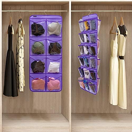 Dual-Sided Hanging Closet Organizer for Socks Underwear Bra Kids Storage Organizer for Baby Clothes Toddler Shoes with 26 Pockets (Purple-Clear Pockets) - Image 2