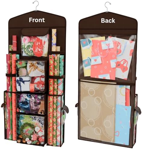 ProPik Hanging Double Sided Wrapping Paper Storage Organizer with Multiple Pockets, Organize your Gift Wrap, Gift Bags, Bows, Ribbons 40"X17" Fits 40 Inch Rolls Clear PVC Bag (Brown) by ProPik