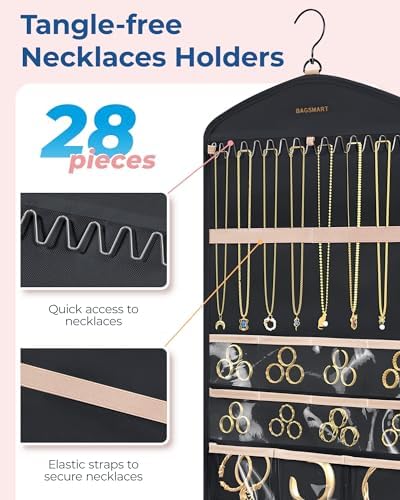 BAGSMART Hanging Jewelry Organizer with Hanger Metal Hooks Double-Sided Jewelry Holder for Organizing Earrings Necklaces Rings Perfect for in Hanging Closet, Wall, Door, 1 Piece, M, Black - Image 3